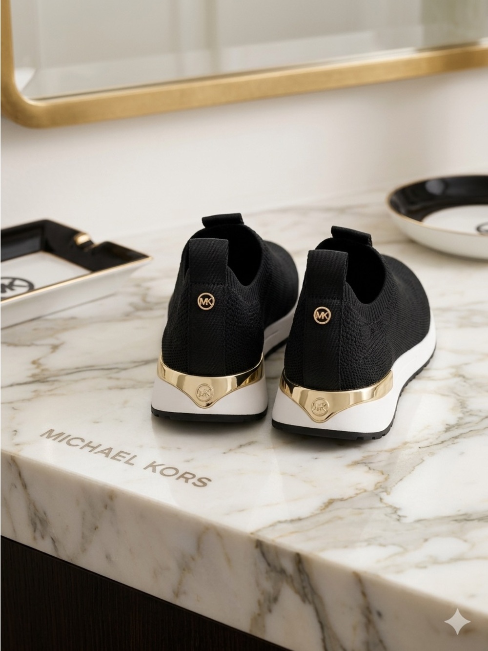 Michael Kors NEW Women’s Black Knit Slip-On Sneakers with Gold Accents